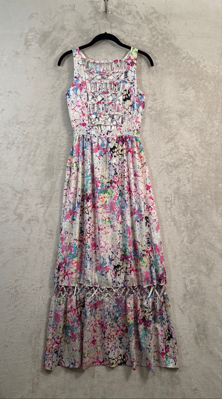 Gianni Bini Pastel Abstract Floral Watercolor Cutout Boat Neck Maxi Dress Size 0